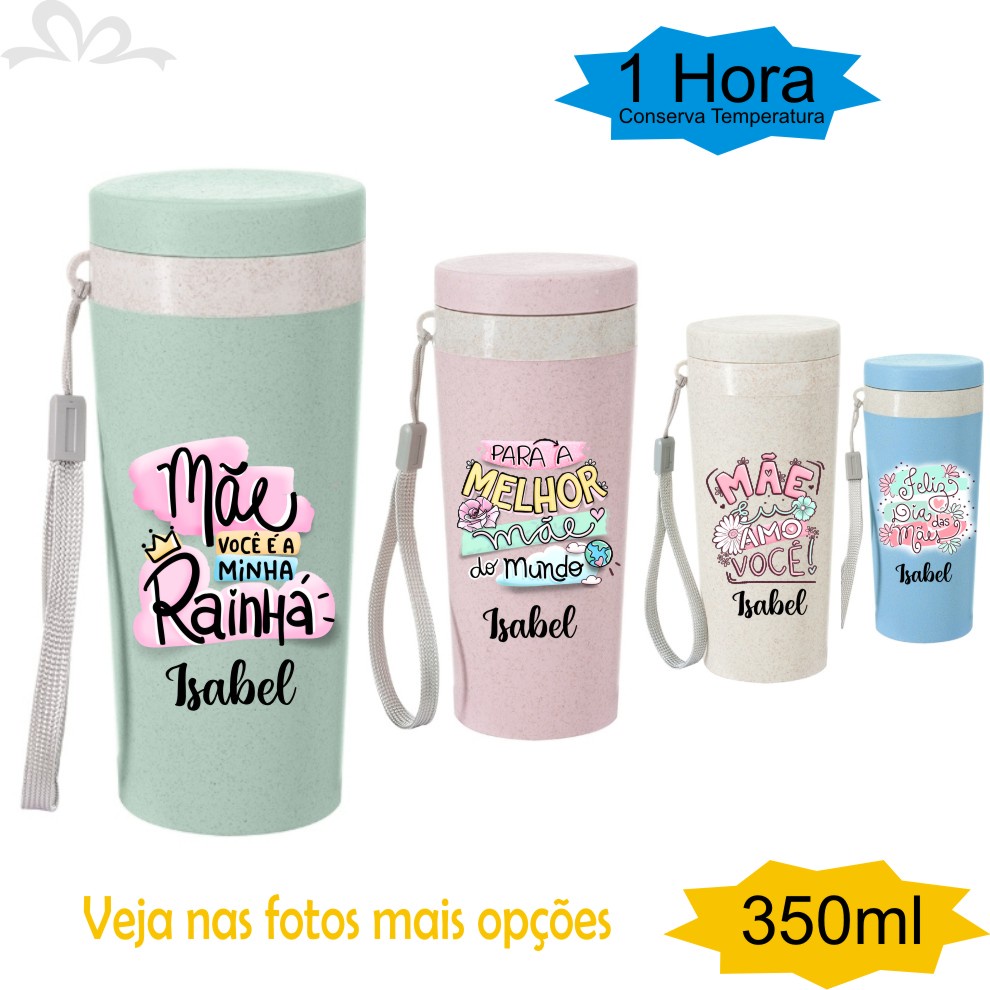Copo Ecológico Personalizado com nome Dia das Mães Fibra De Bambu 350 ML Com Tampa e alça