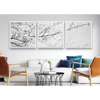 Kit com 03 Quadros Decorativos Ramos Paisagem Cerejeira Monocromático com moldura Branca ou Preta
