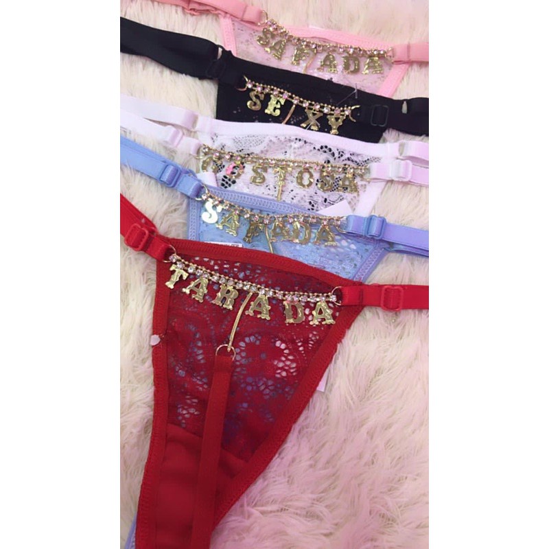 Kit 10 Calcinhas Fio Dental Com Frases Picantes Atrás Super Sexy Sensual Luxo Pingente Erótico Com Regulagem