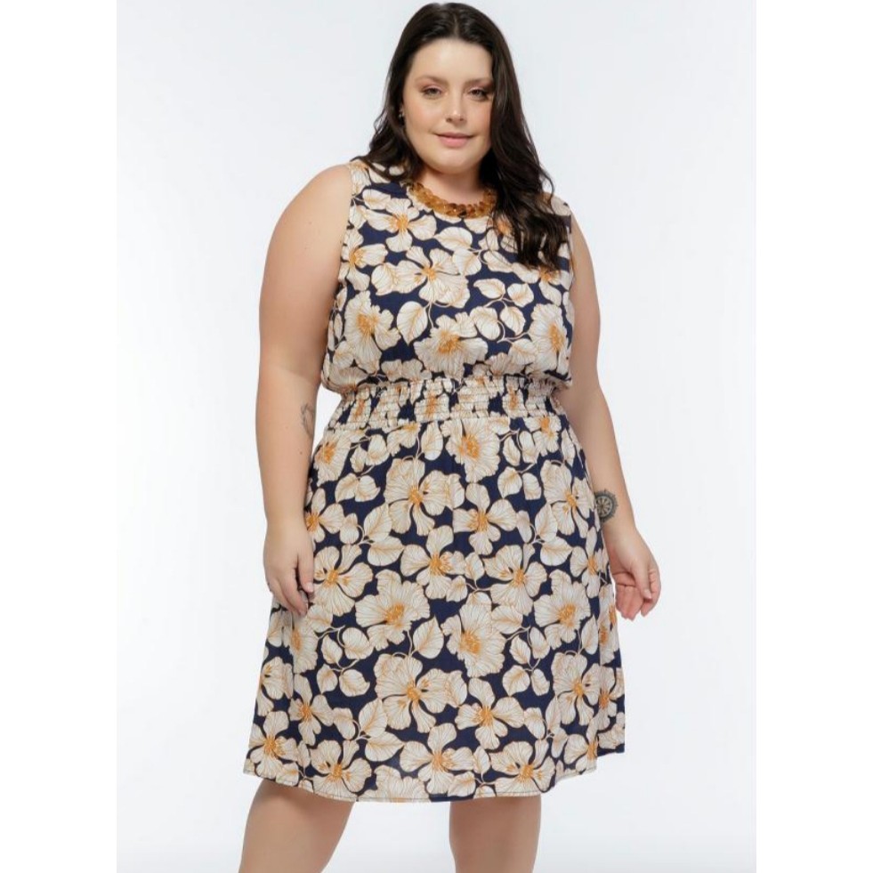 Vestido Gode Viscose Branco Floral - Plus Size