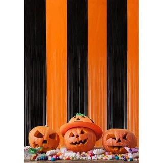Cortina Metalizada Festa Decoraçao Halloween 1x2m Laranja Com Preto