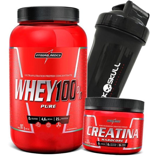 Kit Whey 100% Pote (907g) + Creatina (150g) + Coqueteleira – IntegralMedica