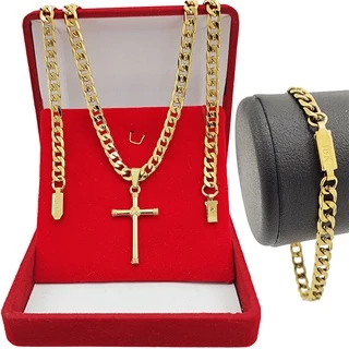 Corrente Masculina Cordão Grumet 70cm Dourado Com Pingente Crucifixo e Pulseira Grossa