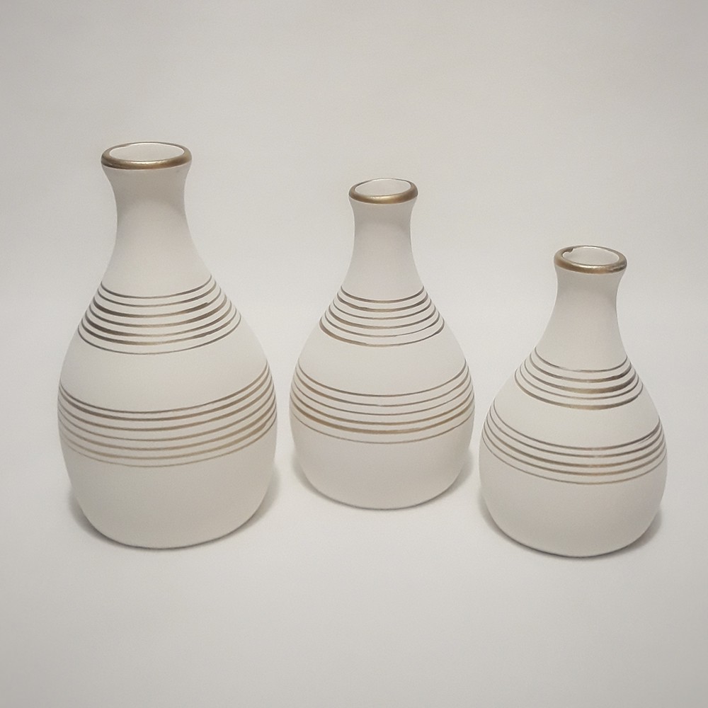 Conjunto Kit Trio Vasos Ceramica Enfeite Decorativo Centro De Mesa Sala Branco Com Dourado