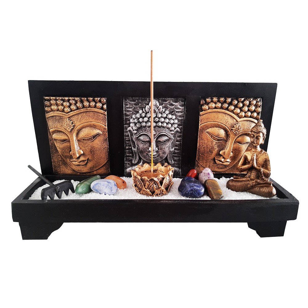 Kit Jardim Zen 3 Faces de Buda Altar com Buda Hindu + Pedras 7