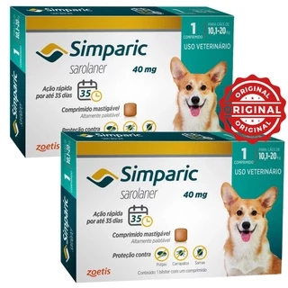 2 Caixas de Simparic de 10,1 a 20 Kg (40 mg) de 1 comprimido/caixa - Antipulgas, Carrapatos e Sarnas