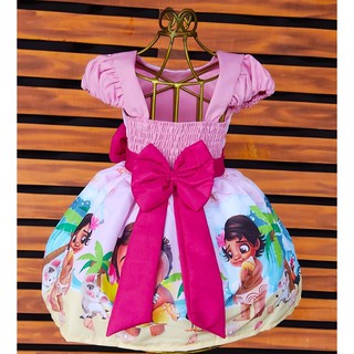 Vestido Infantil Moana Baby Rosa Temático Aniversário Rodado - Tio