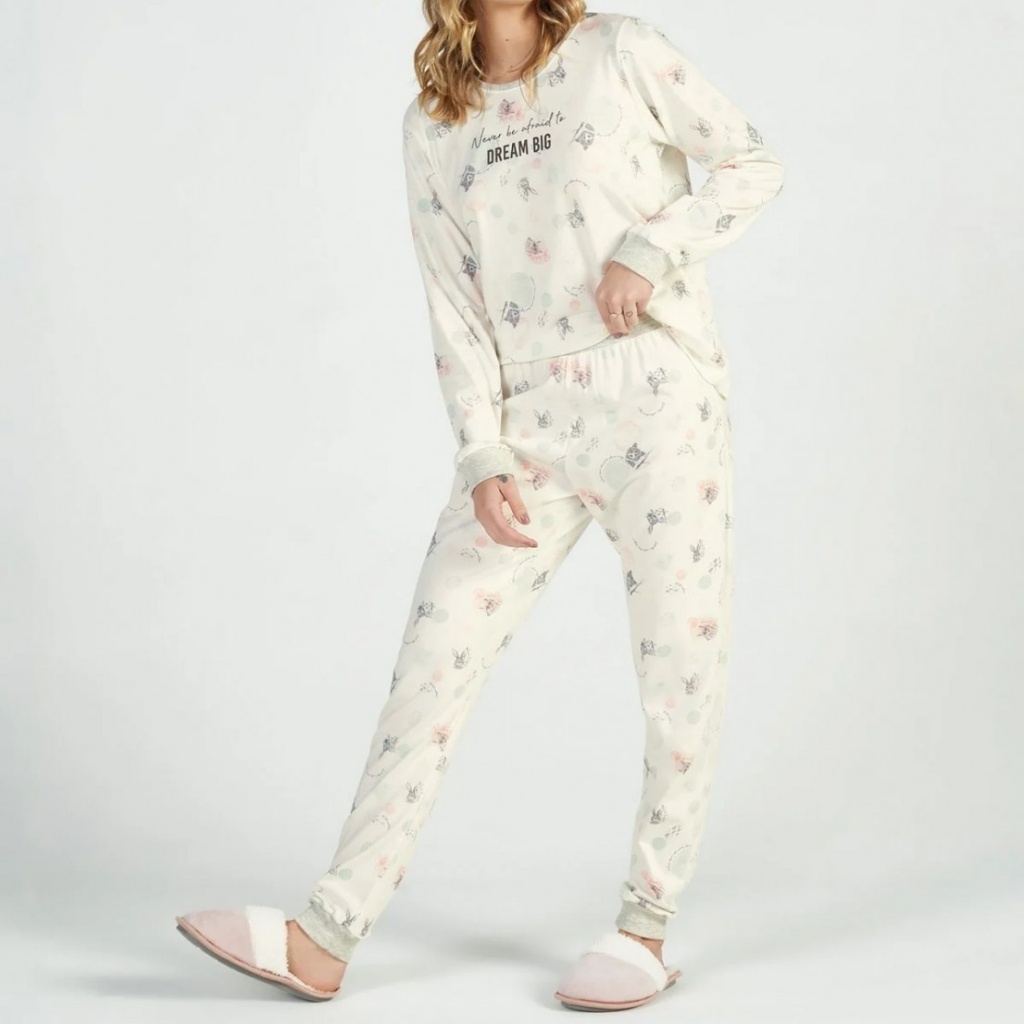 Pijama Longo em Algodão Estampado Feminino - Cor com Amor