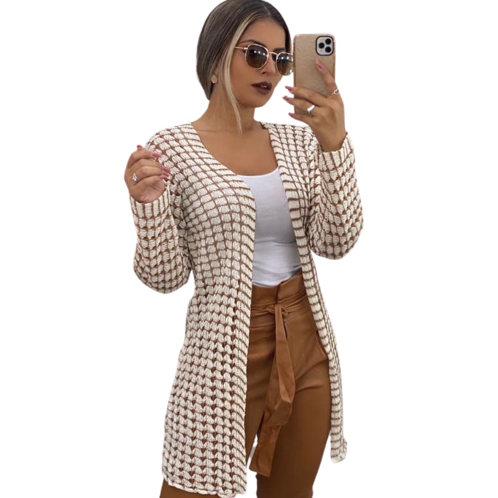 Cardigan Kimono Trico leve e fresco vazadinho para meia estação