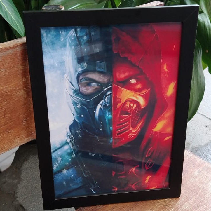 Quadro decorativo com moldura e vidro Mortal Kombat Sub Zero Scorpion subzero liukang raiden gamer pôster