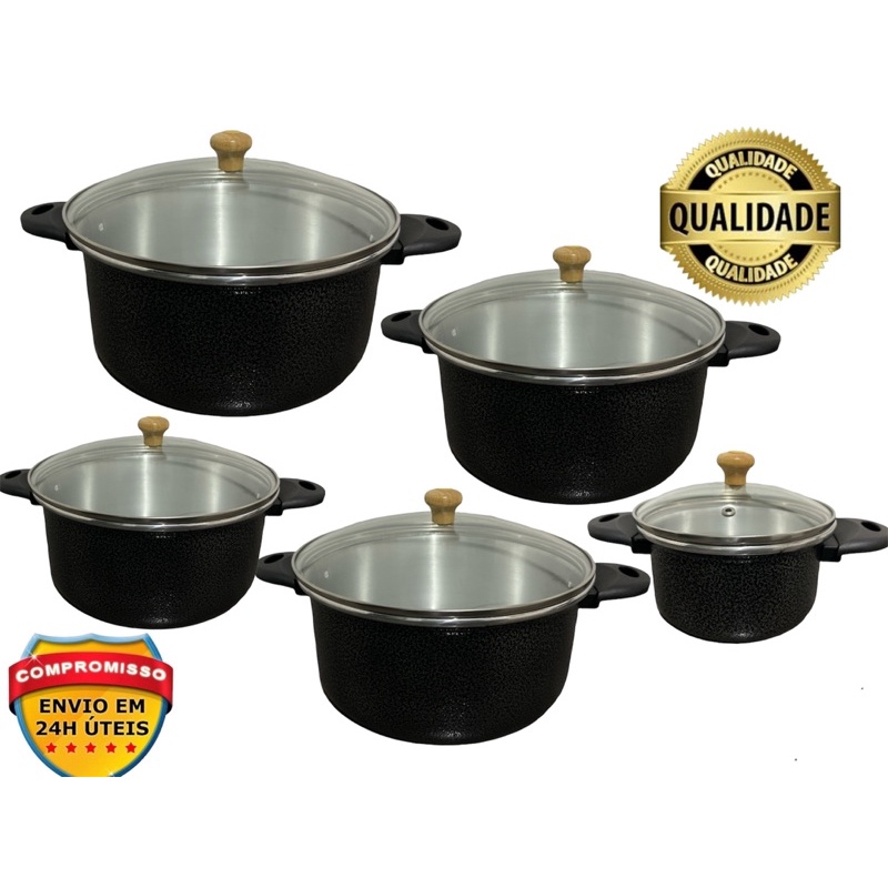 Conjunto 5 Panelas Alumínio Tampa Vidro Linha Cozinha Chicky Cor Craqueado  Cor Neutra para Casa (Caçarolas Luxo, Panela Nova na Sua Cozinha)