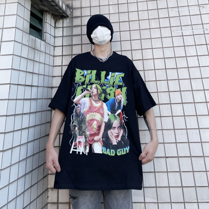 Camiseta De Verão Folgada Com Estampa De Texto billie Eilish/hip hop/Harajuku/Chique/casual/Manga Curta