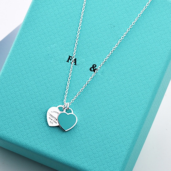 Colar Clássico Duplo Coração Azul Prata 925 Pingente (Sem caixa)