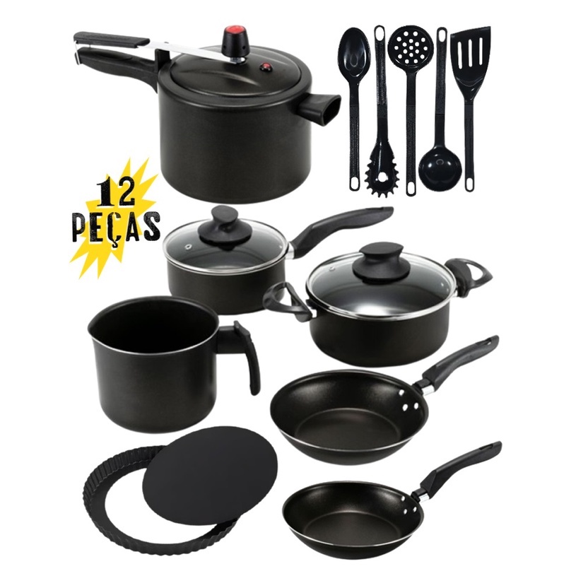 Kit Conjunto Jogo de Panelas 12 Peças Antiaderente Teflon com Panela de Pressão 4,5 Litros Tampa de Vidro