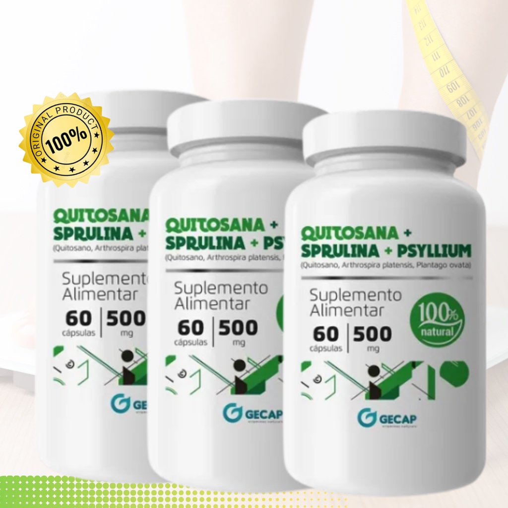 kit 3x Spirulina Psyllium Quitosana 60 cápsulas 500mg Original