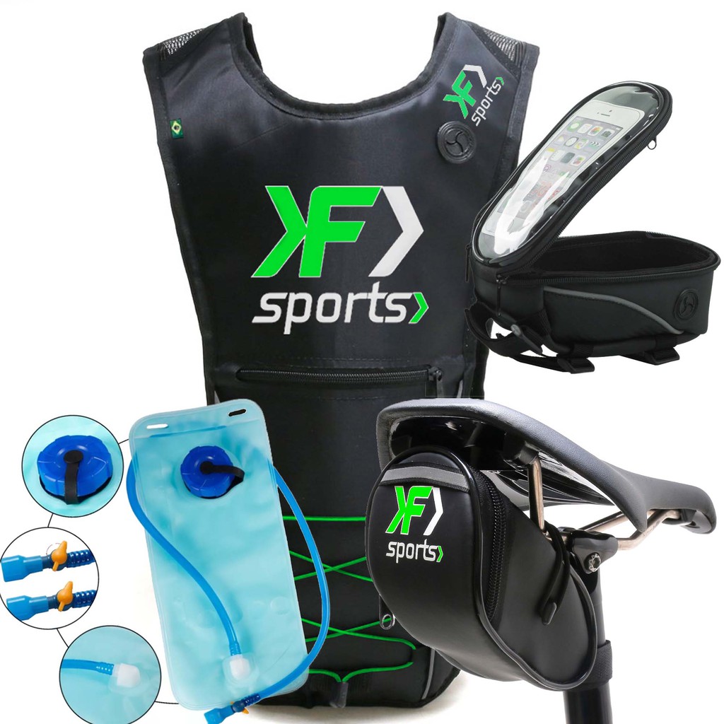 Kit Mochila De Hidratação Bolsa Selim Case Quadro Celular Bike Ciclismo MTB F Sports Verde