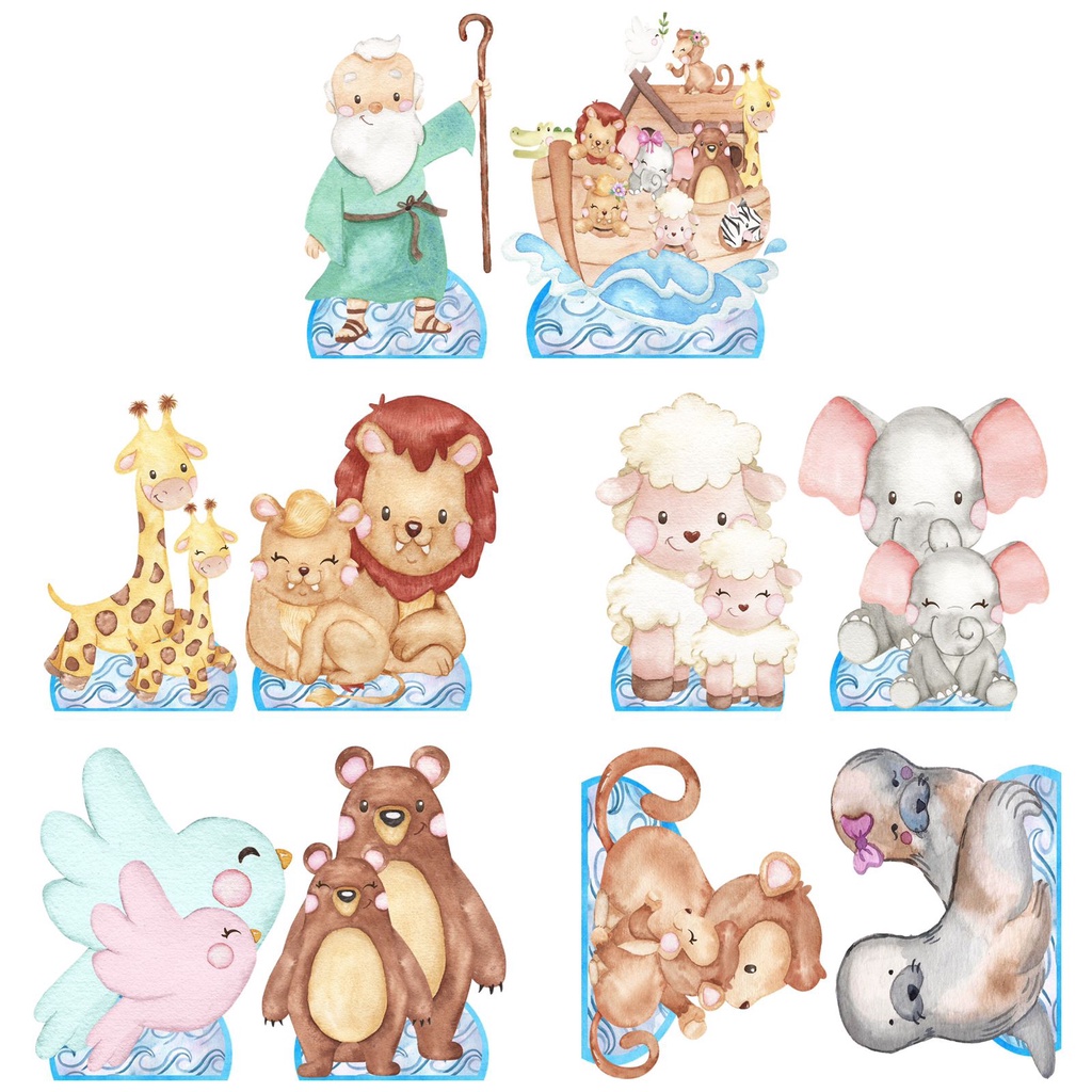 Arca de Noé Aquarela Kit decoração de festa infantil - 10 Displays de 20cm Totens