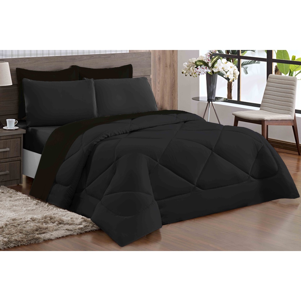 Kit Edu Edredom Casal King Dupla Face Preto com 5 peças