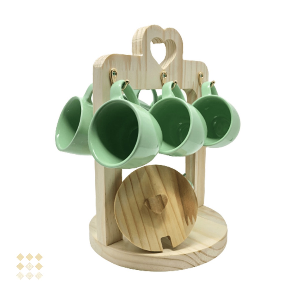 Suporte Coração Com 6 Xicara e Açucareio Porcelana Verde Cantinho do Café