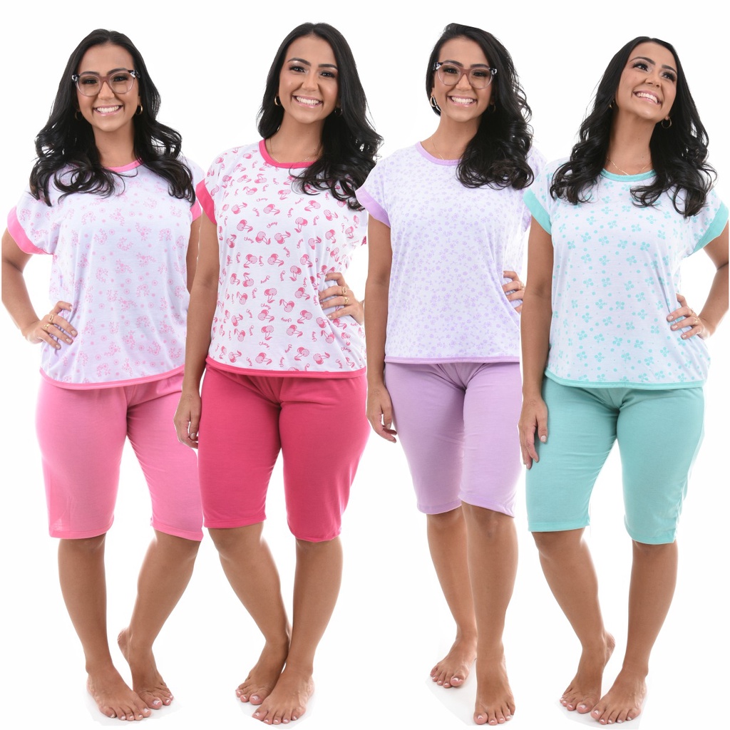 Pijama Pescador Confortavel Adulto Feminino Blusinha E Calça Curta Noite Senhora