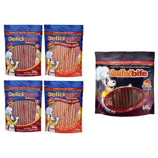 Combo De Petiscos para Cães Deliciosso: 2 Ossinhos Carne, 2 Ossinhos Salmão, 1 Bifinho Palito DelicibifeCarne 650g