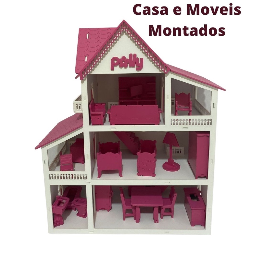 Casa de Boneca modelo Polly pintado montado Casa Branca+MOVEIS PINK