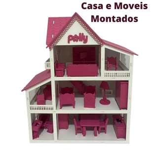 Casa de Boneca modelo Polly pintado montado Casa Branca+MOVEIS PINK