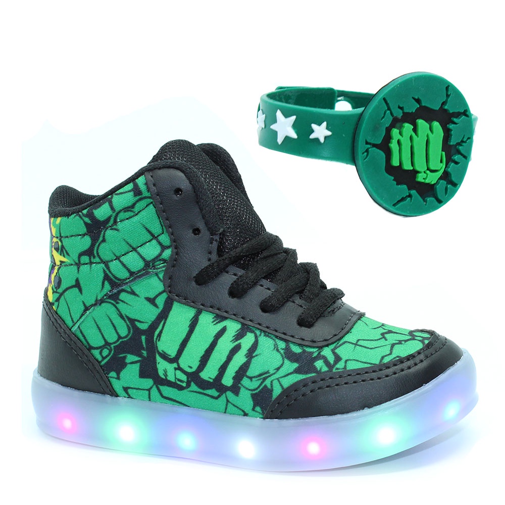 Tenis Botinha Hulk Esmaga Infantil Crianca Masculino De Led Com Pulseira de Brinde