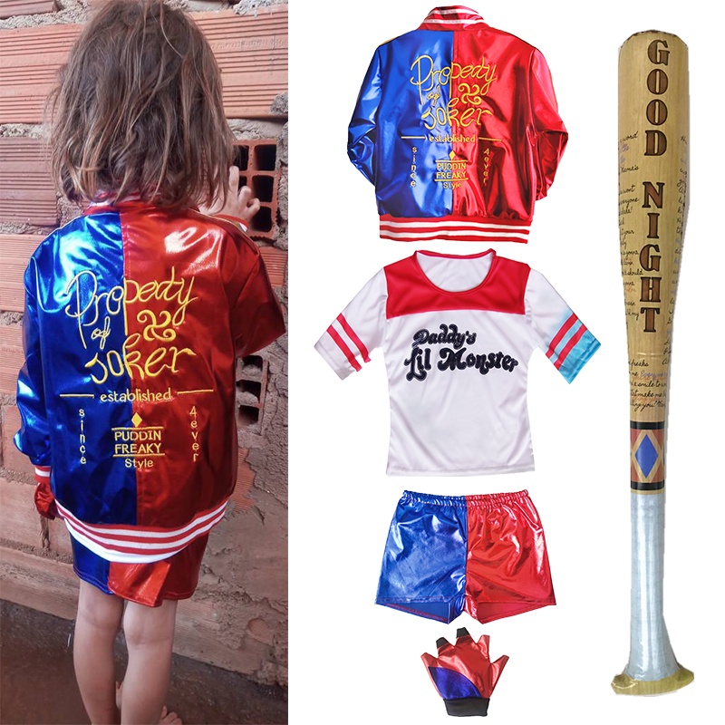roupa infantil meninas Conjunto de fantasias Bastão Taco da Arlequina  Esquadrão Suicidio Harley Quinn Cosplay Dia das Crianças Carnaval Halloween