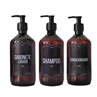 Kit Banho Frasco Âmbar Pet 3pçs Shampoo Condicionador e Sabonete líquido Dispenser 500ml