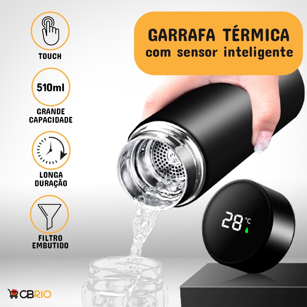 Garrafa Térmica Inox Visor Digital Termômetro Display LED Água Quente Frio  800ml Alça