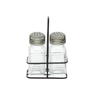 Cj Saleiro E Pimenteiro De Vidro Suporte De Metal Preto 70Ml