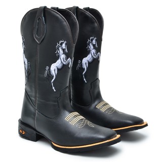 Bota Texana Masculina Country Em Couro Legitimo Cavalos Preto