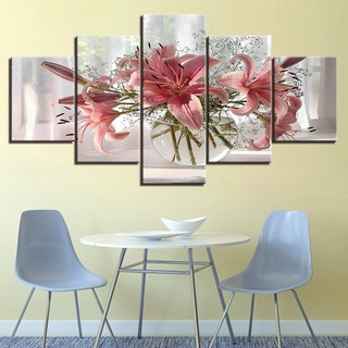 Quadros Decorativo 5 peças Flor Rosa Lírio Sala Quarto