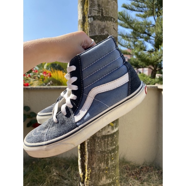 VANS Novo Estilo Cano Alto SK8-HI DX38 Annaheim Lateral Azul Quadriculado  De Camurça Casual Sapatos De Lona - Escorrega o Preço