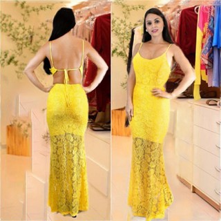 Vestido longo de renda hot sale amarelo