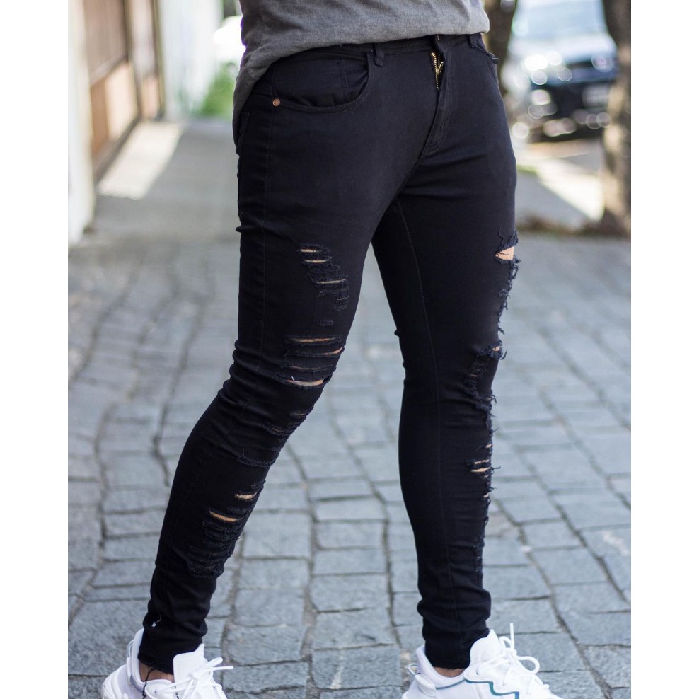 Calca jeans skinny Preta Destroyed Rasgada Desfiada ElastanoLaycra.