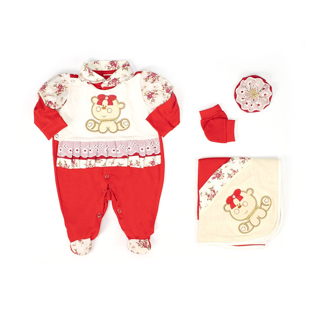 Saída de Maternidade Para Bebe Menina Vermelho Urso Strass 04 Peças ...