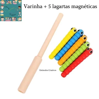 Varinha + 5 Lagartas Magnéticas Coloridas de Madeira Coordenação Motora