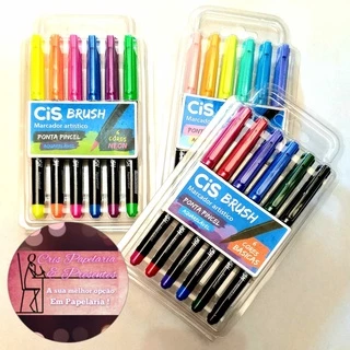 Kit Conjunto Caneta Brush CIS Aquarelável 6 Cores