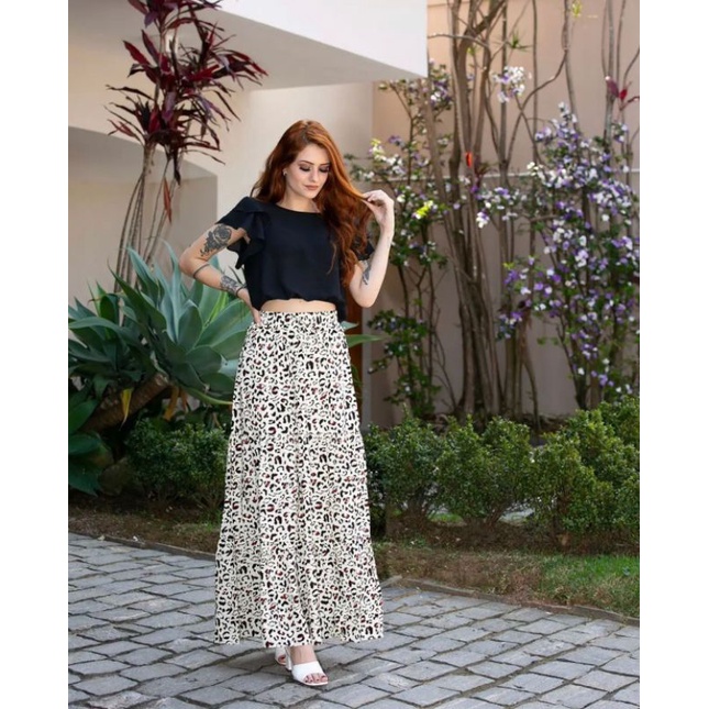Saia Longa Estampada Animal Print Oncinha Onça Babado Viscos