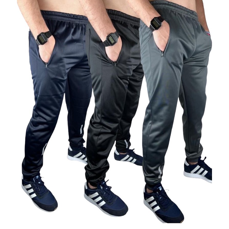 Calça masculina para atividade física em academia e corrida com cordão  listras na lateral e bolso com zíper