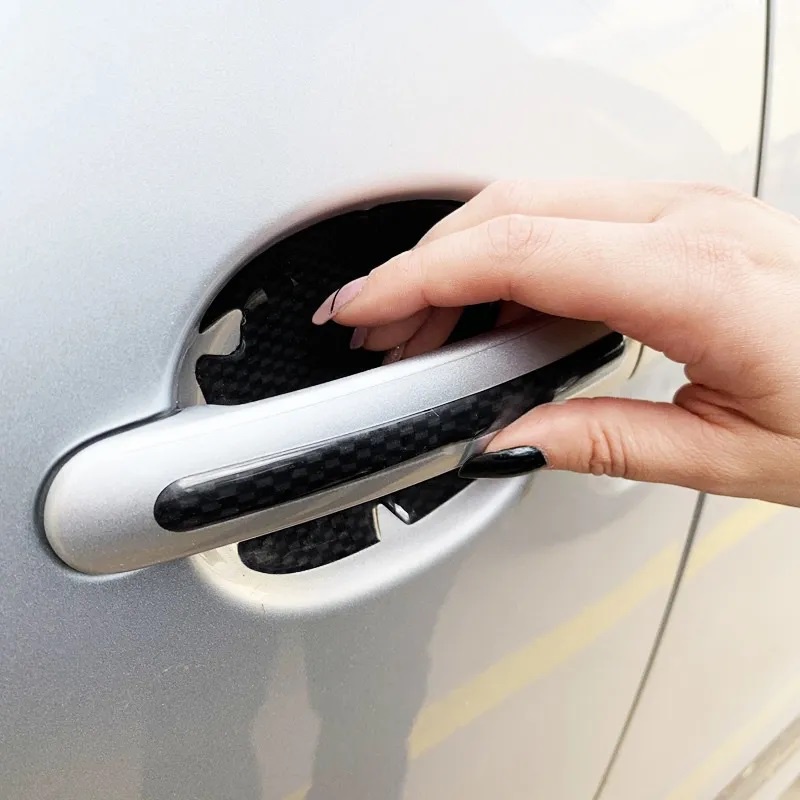 Kit Adesivo Silicone Protetor Maçaneta Carro Fibra de Carbono Preto Resinado