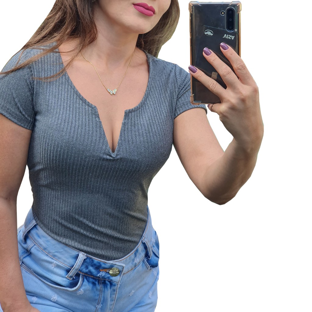 Blusinha basica feminina gola v malha canelada t-shirt baby look lindas cores e modelos promoção