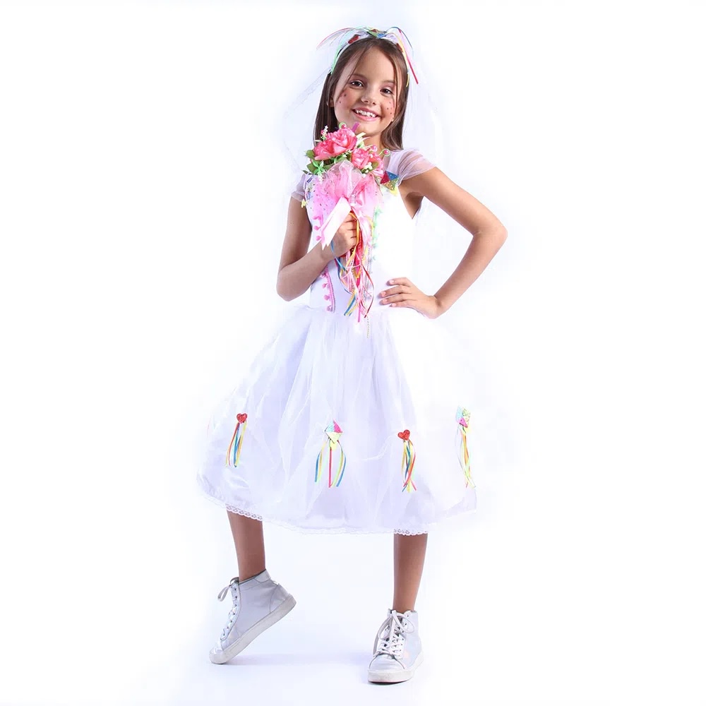 Vestido Caipira Infantil Noiva Festa Junina Com Véu | Shopee Brasil
