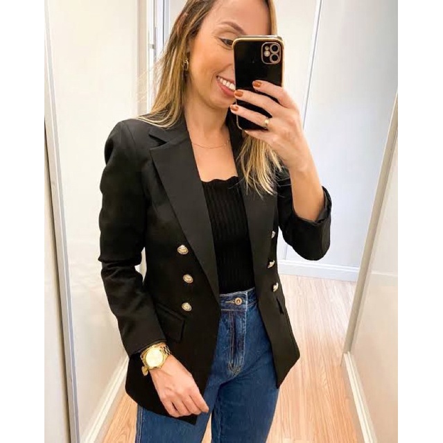 Blazer Feminino Forrado Acinturado De Alfaiataria Com Botões