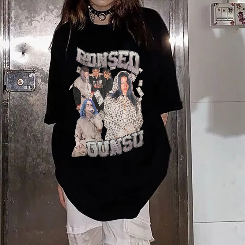 Camiseta Unissex Folgada Estilo hip hop Estampa Billie Eilish Personagem De Rua Y2K