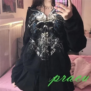 Pracu-Mulheres Zip Up Hoodies E-girl Grunge Skull Print Sweatshirts De Autunm Primavera Y2K Casaco Estético