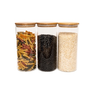 Kit 3 Potes De Vidro P/ Mantimentos 1650ml c/ Tampa Bambu - Oikos