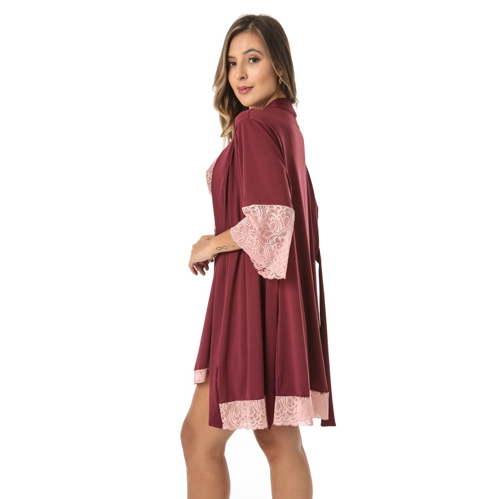 Robe Feminino Adulto Luxo Roupão Sensual Manga 3/4 de Amarrar Hobby ...
